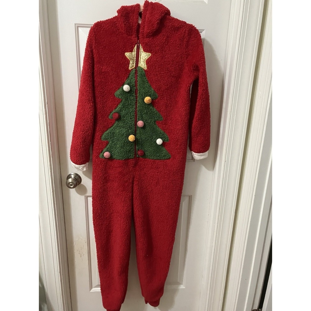Unisex Adult Hooded Pajama Zip-Up Jumpsuit Sparkly Christmas Tree Red Pom Pom M
